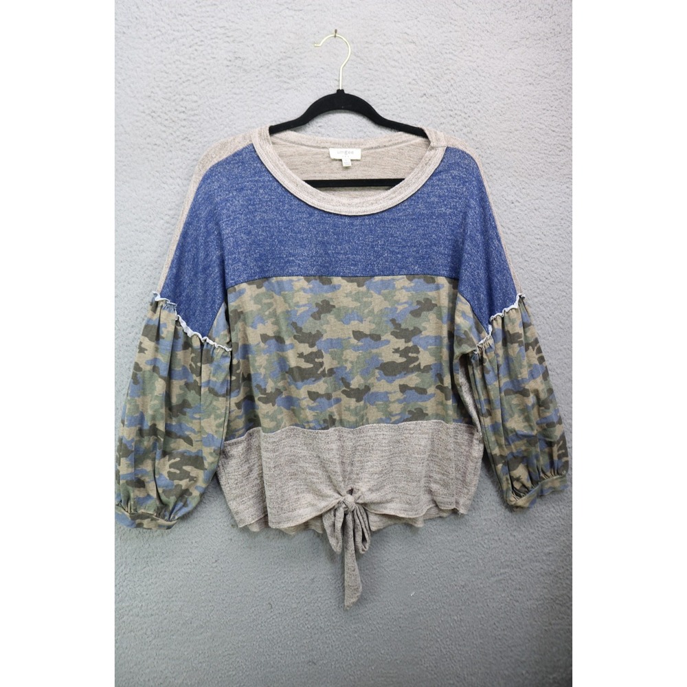Umgee Long Balloon Sleeve Camo Mixed Print Top-Tie Waist-Large-BOHO